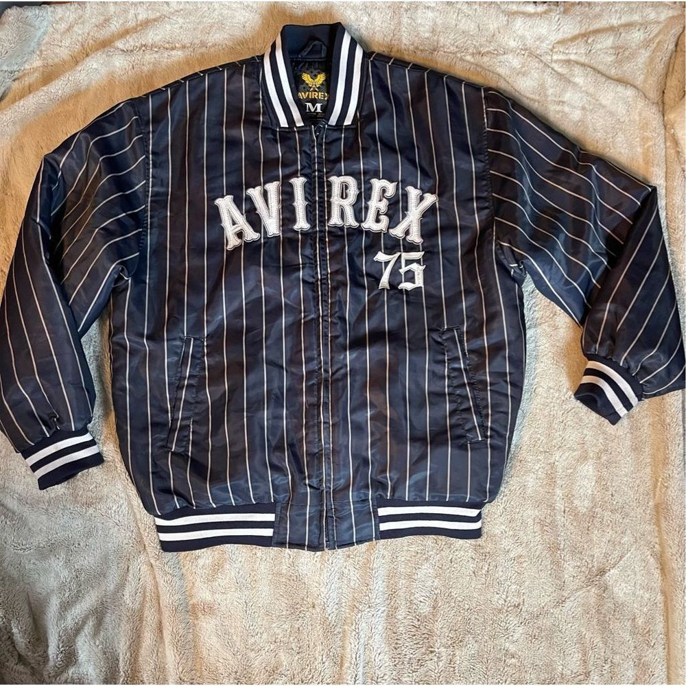 Vintage Avirex pin stripe bluewhite bomber spell out full zip coat/jacket M Mens